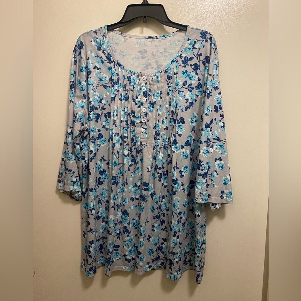 St Jubileens Womens Tunic Top Blouse XXL 2XL Bust 48” Blue Floral On Gray